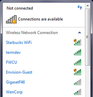 Screenshot of WiFI SSIDs detected on a Windows 7 system.
