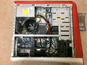 My desktop computer with the side panel off and internal hardware exposed