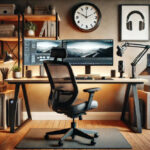 A modern and well-organized home office setup featuring an ergonomic chair, dual-monitor setup, with a high-quality microphone.