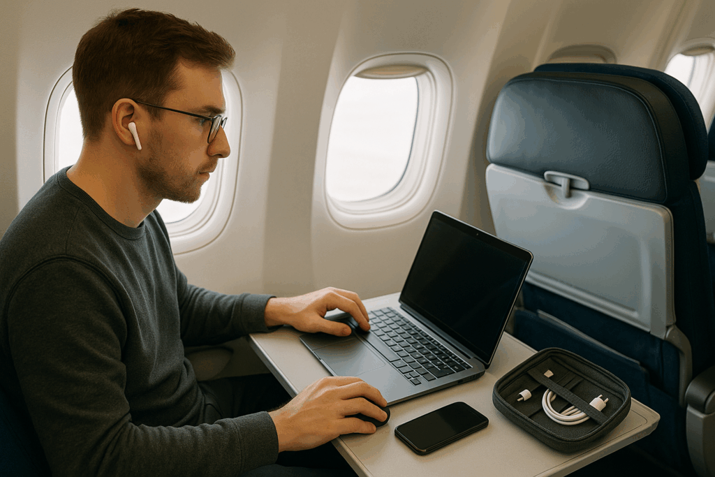 Portable office setup while traveling remotely on a plane.
