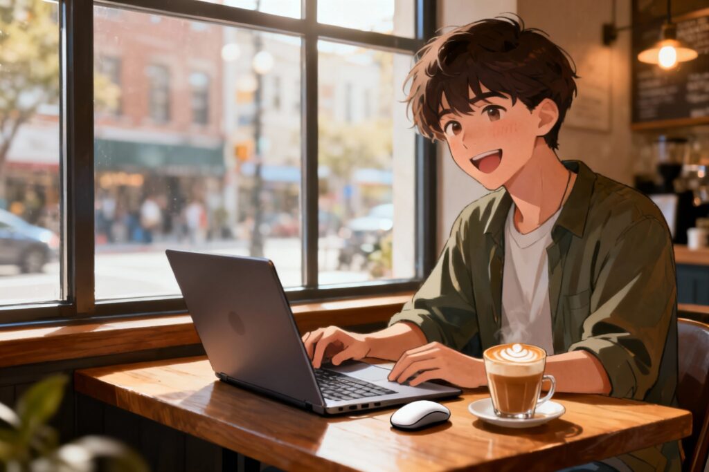 Young man working remotely at a coffee shop and thinking about Affordable Tech Upgrades for his Home Office Setup on a Budget